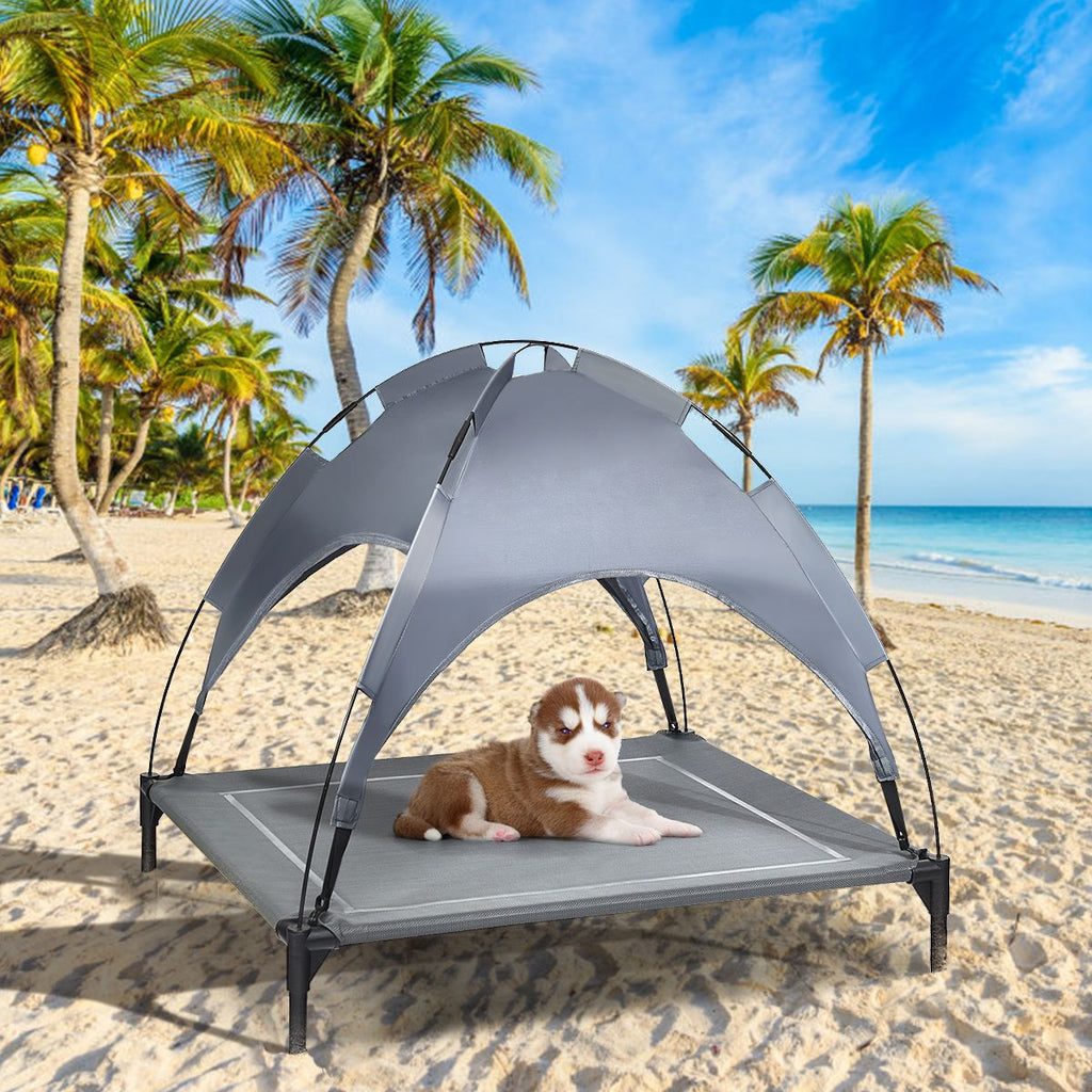 Cama Para Perros Con Toldo Desmontable Y Estructura En Acero Ideal Para Camping Playa Césped Gris 105 X 85,5 X 86 Cm