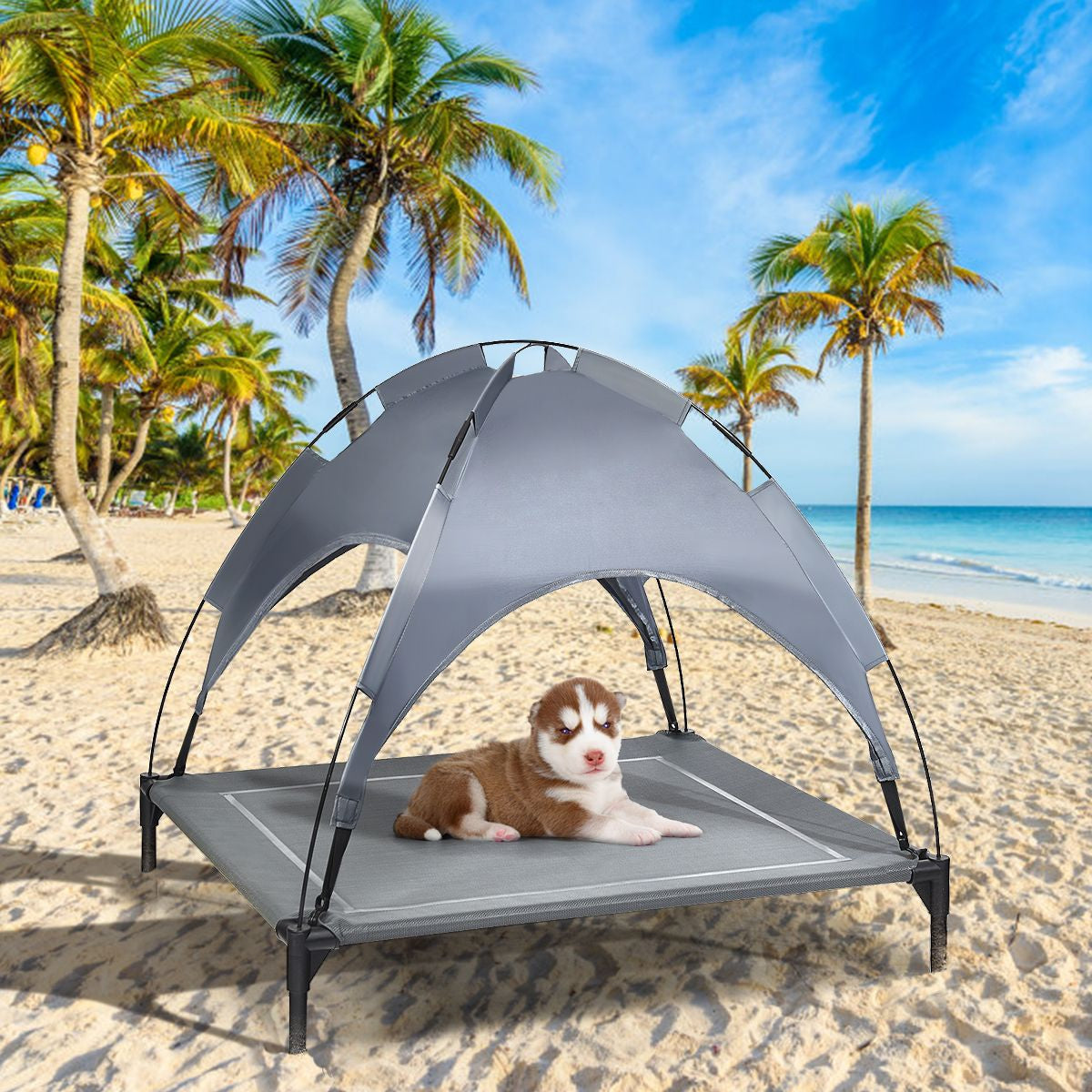 Cama Para Perros Con Toldo Desmontable Y Estructura En Acero Ideal Para Camping Playa Césped Gris 105 X 85,5 X 86 Cm
