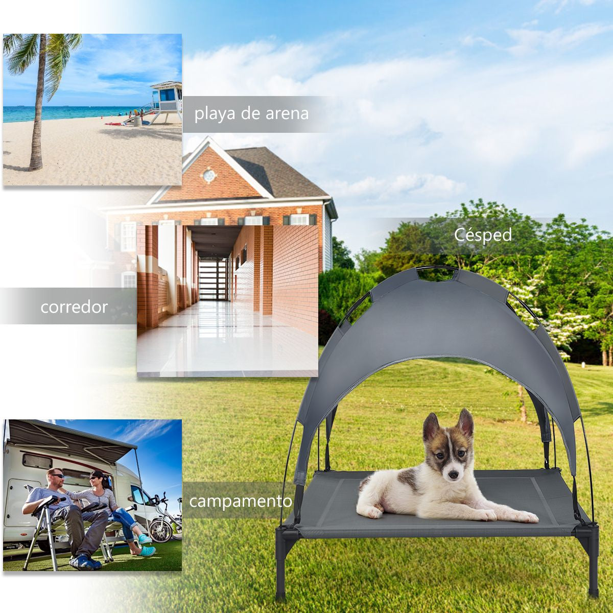 Cama Para Perros Con Toldo Desmontable Y Estructura En Acero Ideal Para Camping Playa Césped Gris 105 X 85,5 X 86 Cm