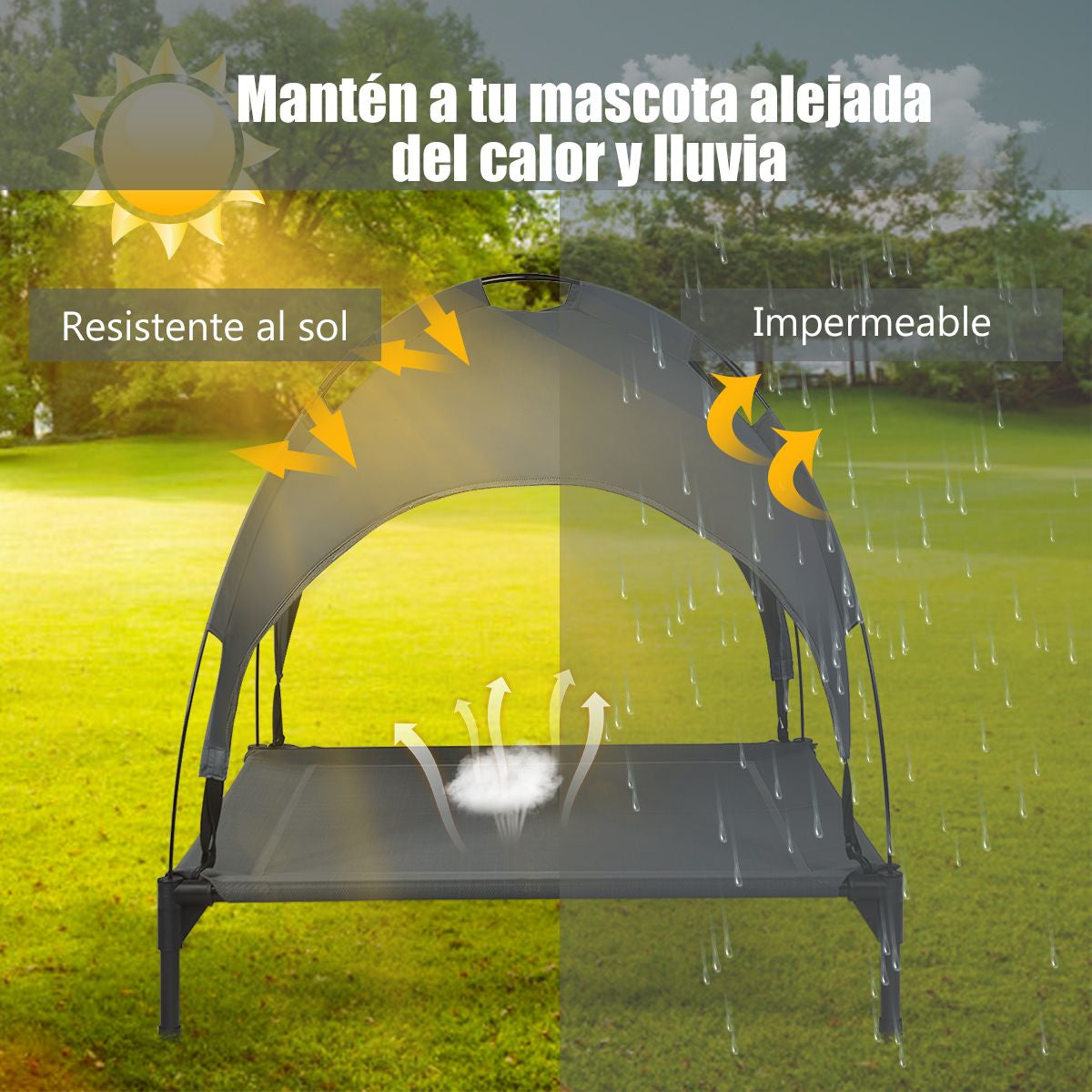 Cama Para Perros Con Toldo Desmontable Y Estructura En Acero Ideal Para Camping Playa Césped Gris 105 X 85,5 X 86 Cm