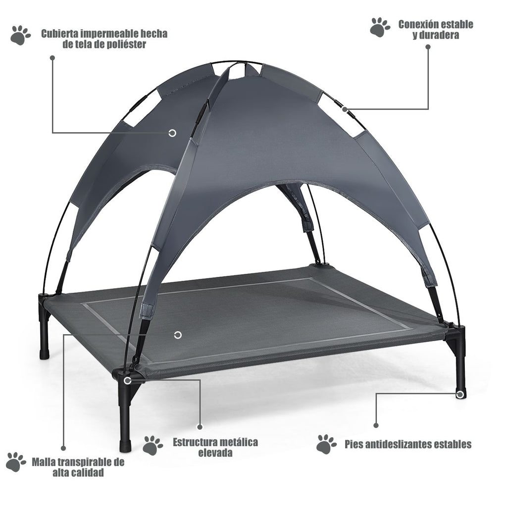 Cama Para Perros Con Toldo Desmontable Y Estructura En Acero Ideal Para Camping Playa Césped Gris 105 X 85,5 X 86 Cm