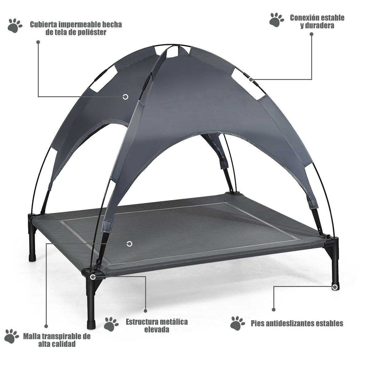 Cama Para Perros Con Toldo Desmontable Y Estructura En Acero Ideal Para Camping Playa Césped Gris 105 X 85,5 X 86 Cm