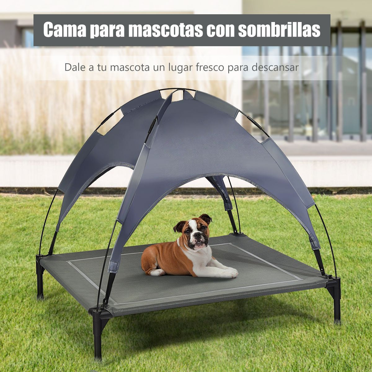 Cama Para Perros Con Toldo Desmontable Y Estructura En Acero Ideal Para Camping Playa Césped Gris 105 X 85,5 X 86 Cm
