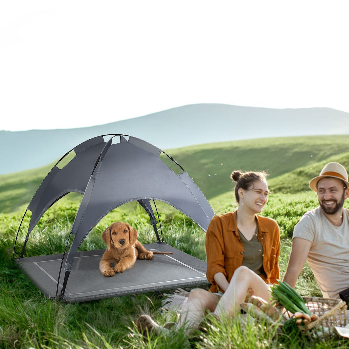 Cama Para Perros Con Toldo Desmontable Y Estructura En Acero Ideal Para Camping Playa Césped Gris 105 X 85,5 X 86 Cm
