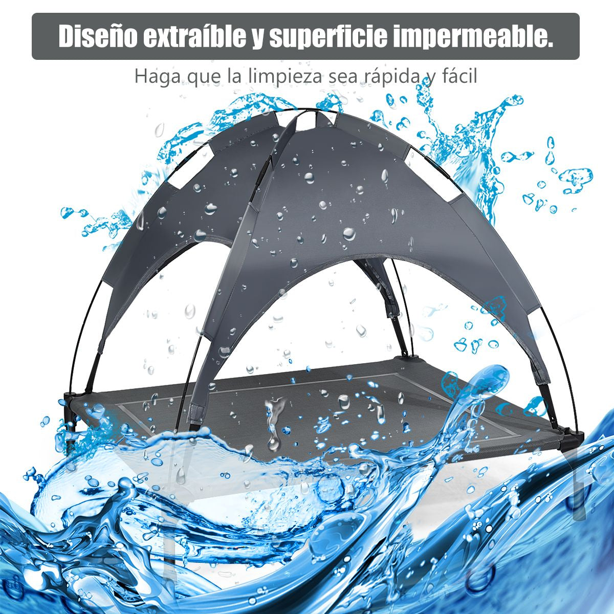 Cama Para Perros Con Toldo Desmontable Y Estructura En Acero Ideal Para Camping Playa Césped Gris 105 X 85,5 X 86 Cm